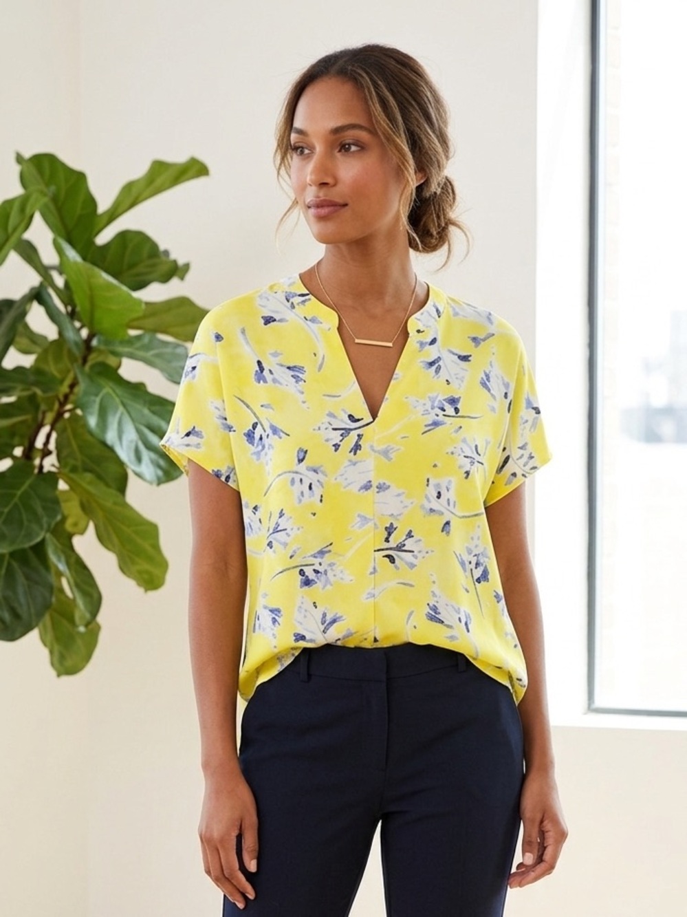 Cabi Vibrant Yellow Blouse with Blue Floral Design short sleeves size small